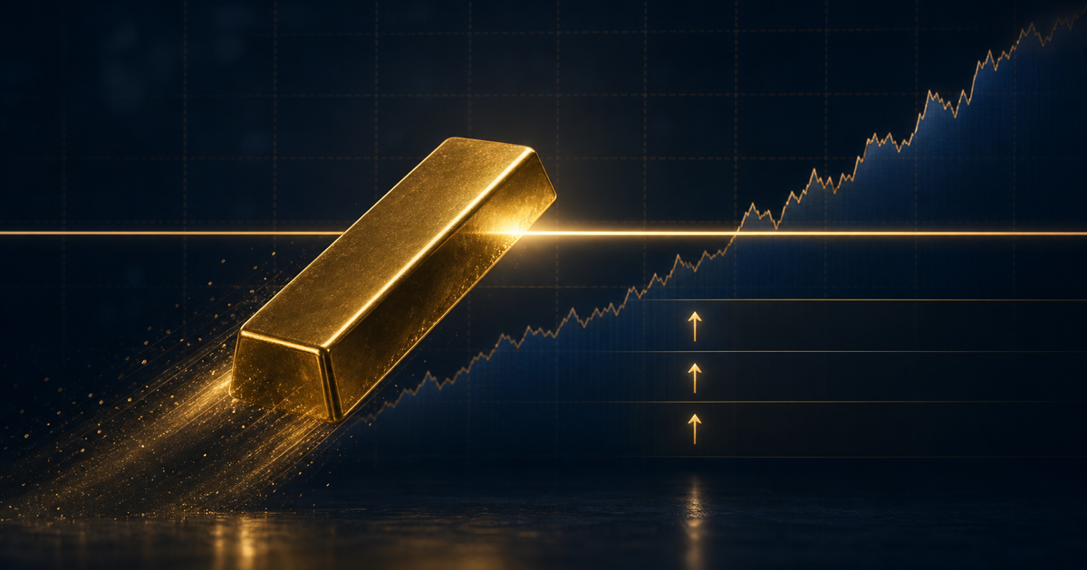 A gold bar crossing a market line beside one steady policy line and three small upward arrows.