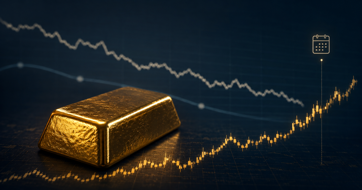 A polished gold bar rising through a dark market chart as dollar and Treasury-yield lines fade behind a subtle payroll calendar marker.