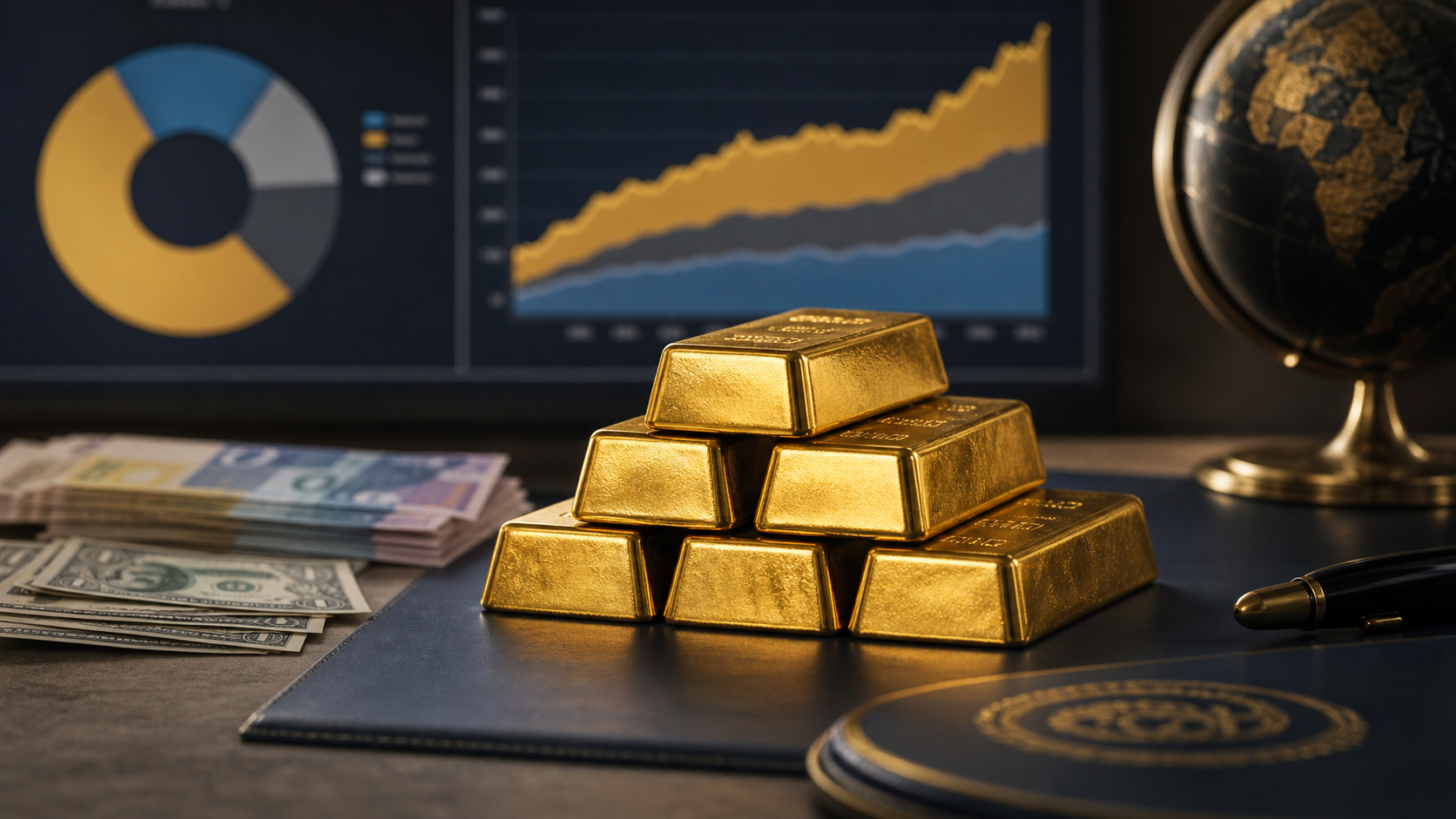 Gold bars on a central-bank desk with reserve charts and currency notes in the background.