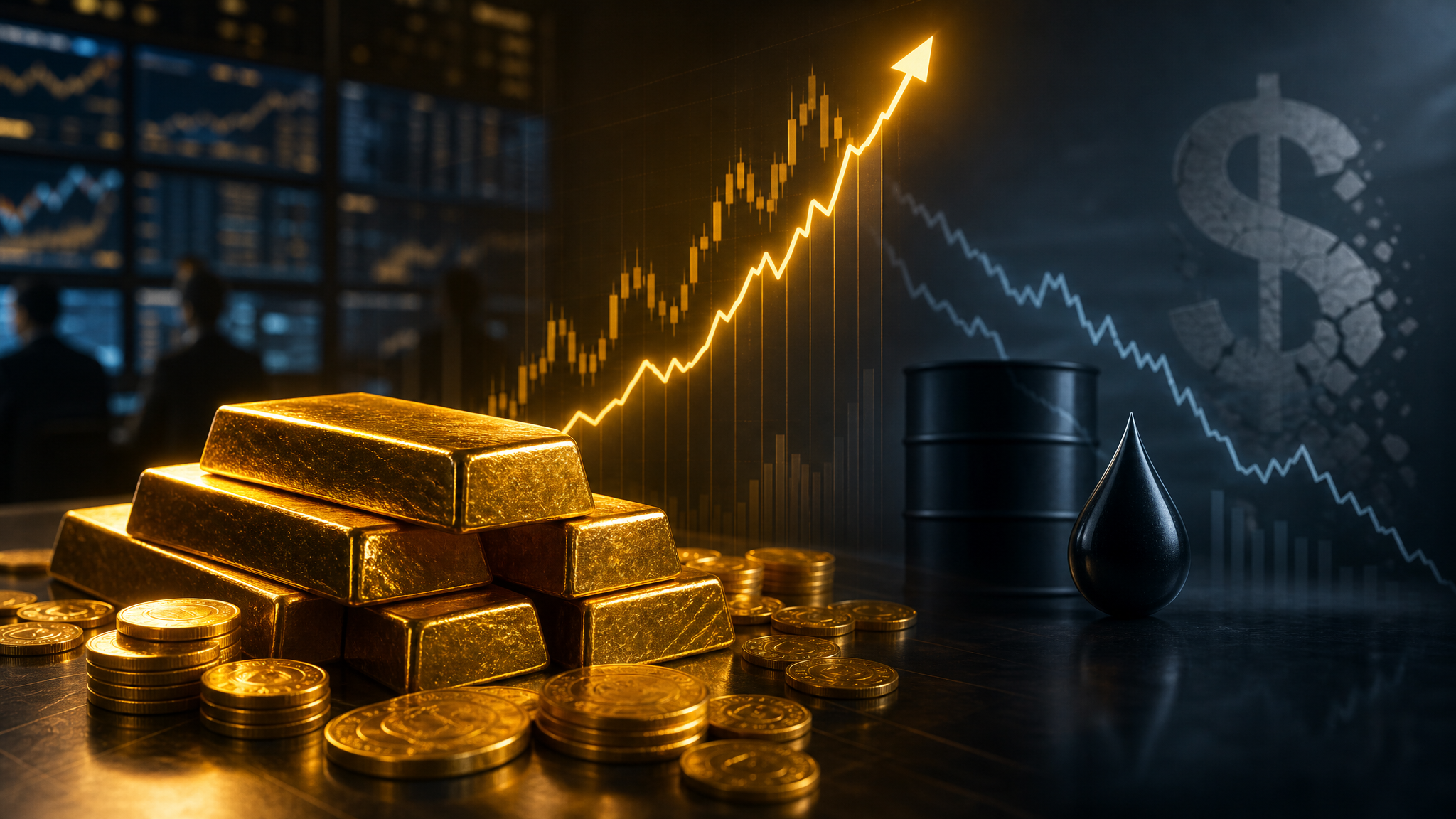 Editorial gold market graphic showing gold bars, an upward gold price line, lower oil pressure, and a softer dollar backdrop.