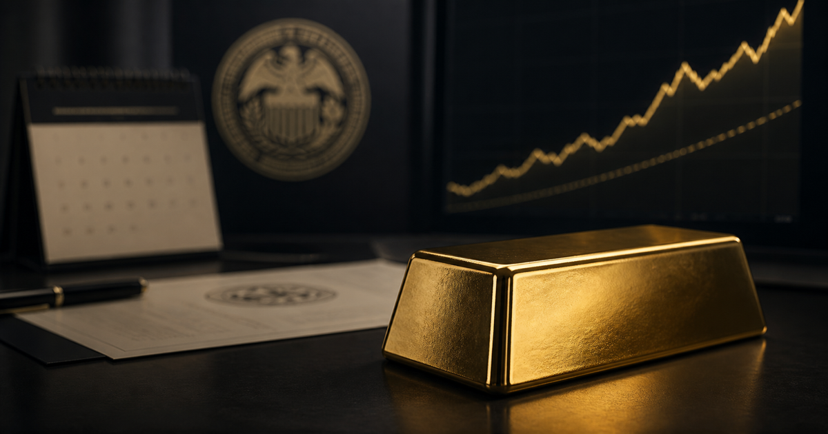 A polished gold bar on a dark trading desk beside a rising market line, with a blurred Federal Reserve document and calendar in the background.