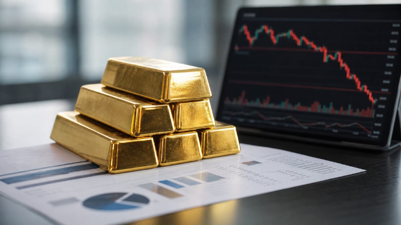 Gold bars in front of a falling market chart, representing gold slipping as Fed rate-hike risk and dollar strength pressure bullion.