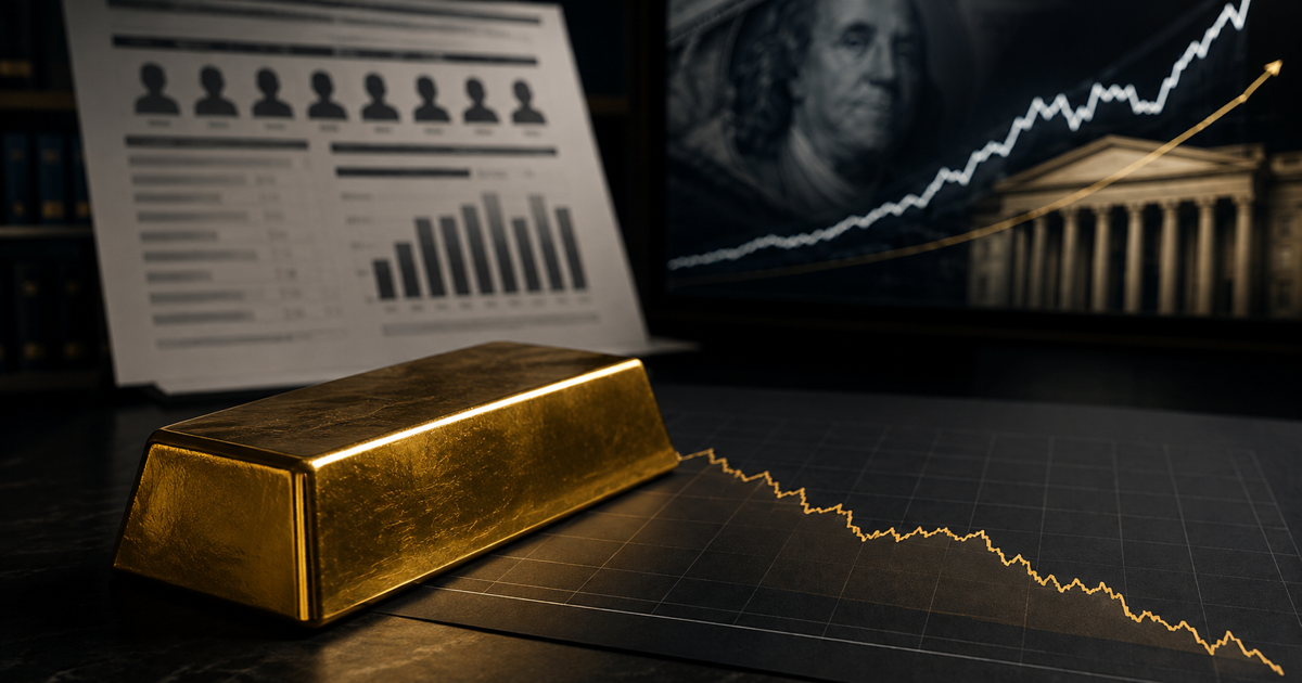 A polished gold bar beside a falling gold-price line, with an employment report and rising dollar and interest-rate motifs in the background.