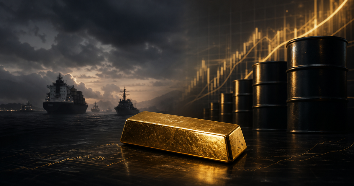 A gold bar between dark shipping and naval risk on the left and rising oil barrels and market curves on the right.