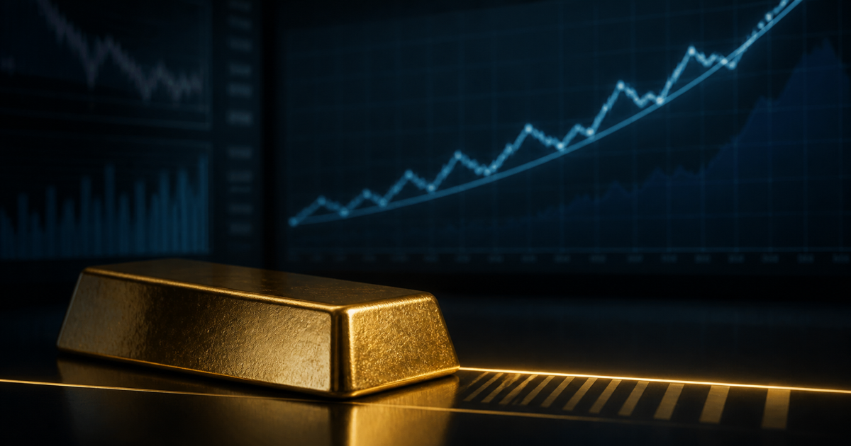 A polished gold bar beneath a sharply rising blue bond-yield chart on a dark financial-market screen.