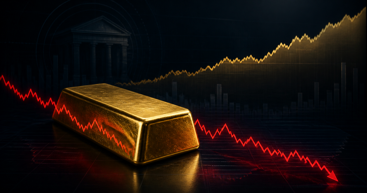 A polished gold bar crossed by a sharp red downswing while a broader golden market trend rises behind it near a dark central-bank building.
