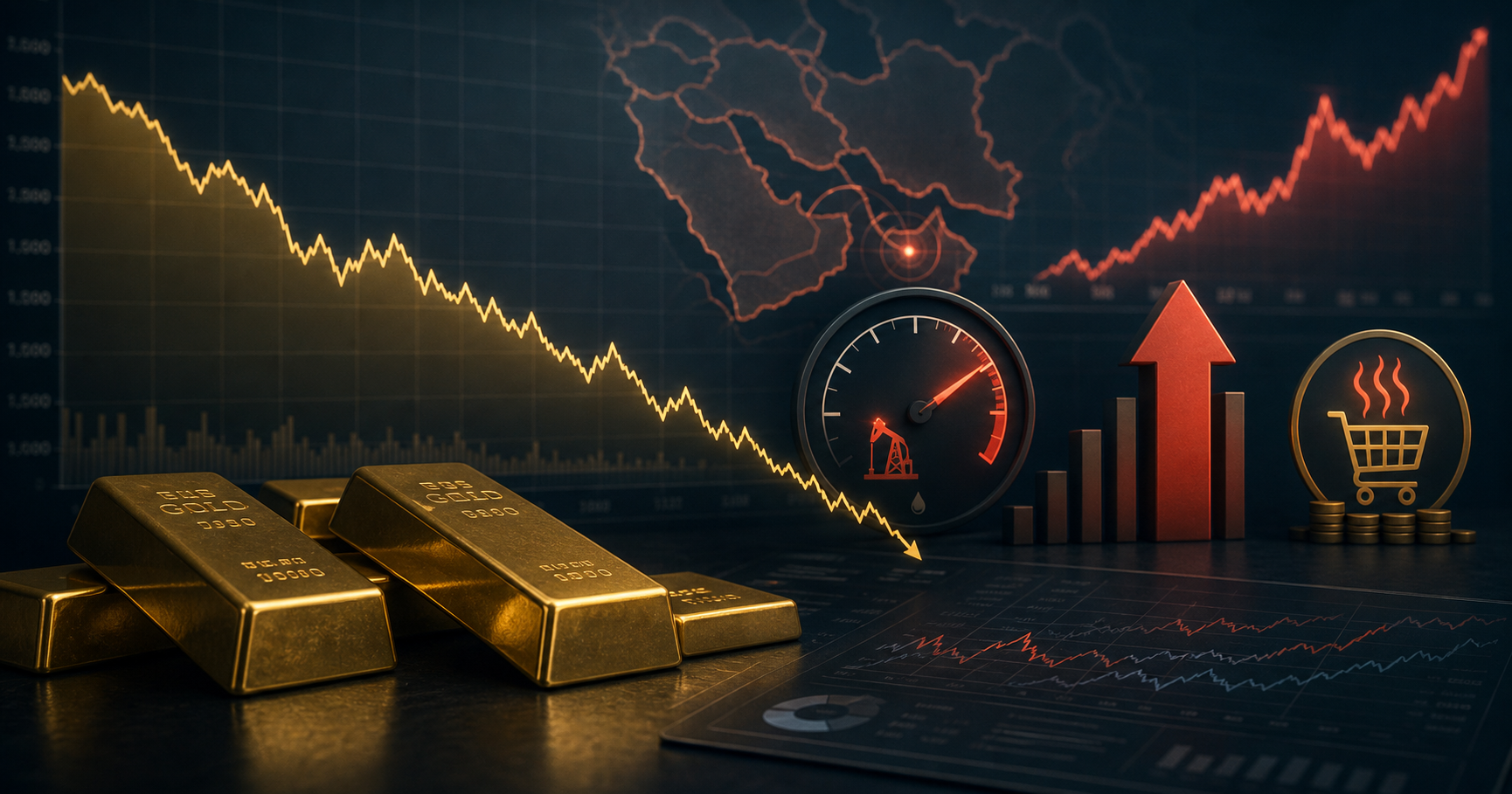 Editorial gold market graphic showing gold bars, a falling gold line, rising oil pressure, and inflation-rate warning symbols.