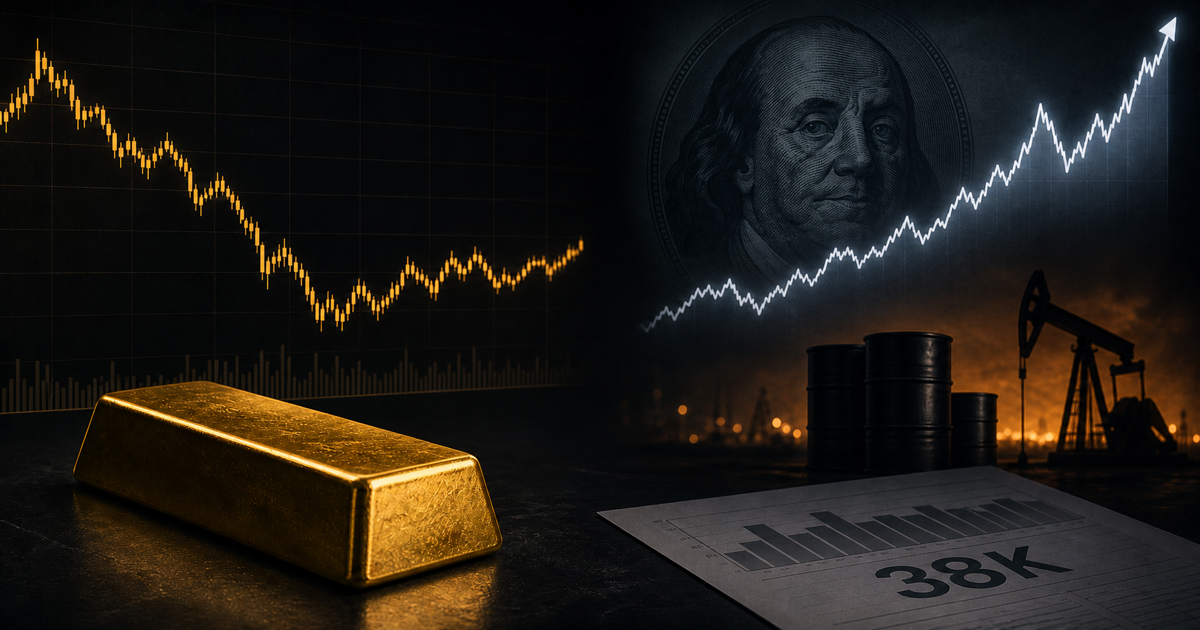A gold bar beside a stabilizing price chart, with a rising dollar line, oil wells and a payroll report marked 38K in the background.
