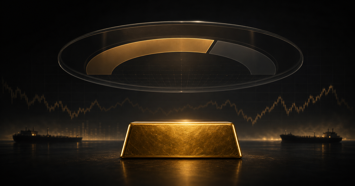 A gold bar beneath a translucent probability ceiling, with a faint market line and oil tankers in the distance.