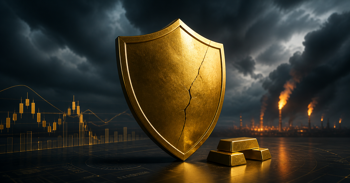 A cracked but unbroken golden shield standing in storm clouds with oil flames and market-chart lines in the background.