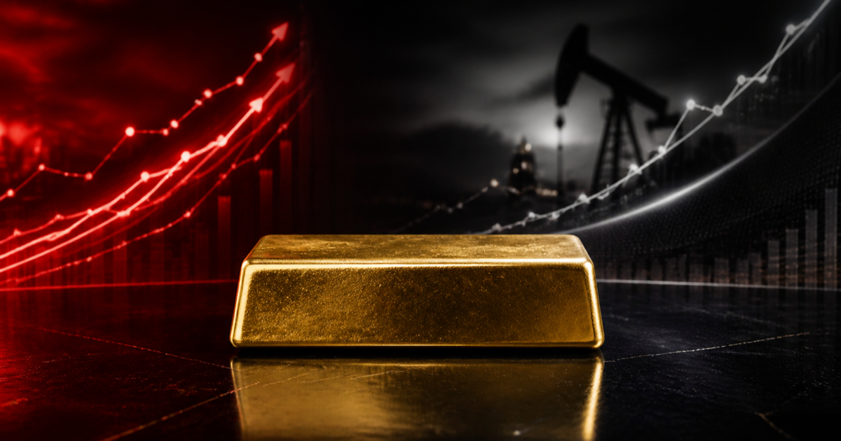 A polished gold bar between rising red institutional-flow lines and a dark oil-price curve in a premium financial-market setting.