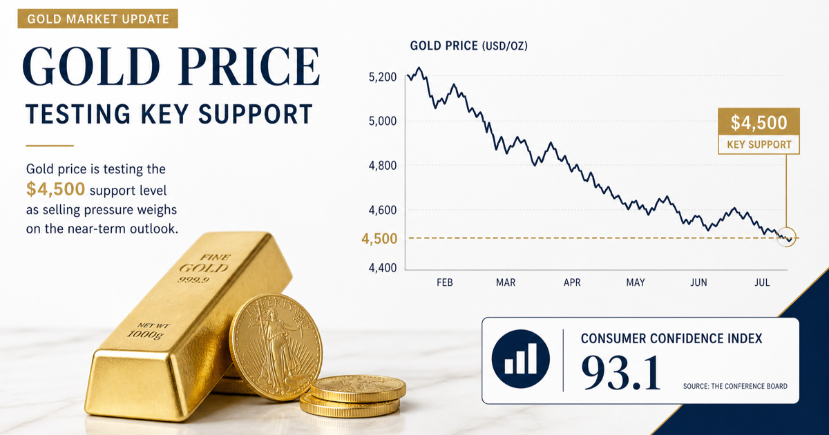 Editorial finance graphic showing gold near the $4,500 support level alongside a 93.1 consumer confidence reading.
