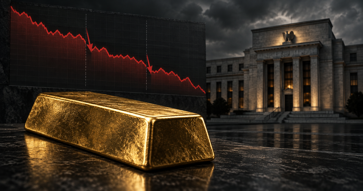 A gold bar beneath a descending three-stage market chart, facing a dark central-bank building.