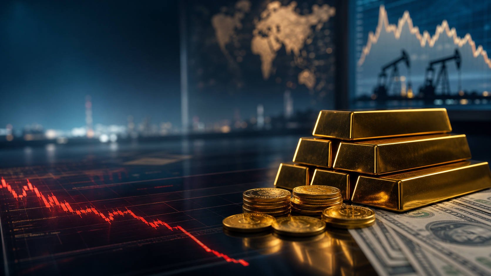 Editorial gold market graphic showing bullion under pressure from a stronger dollar, higher oil, and sticky inflation data.