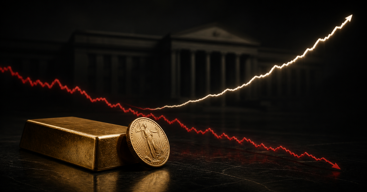 A matte gold bar and coin beside a falling red market line as a bright Treasury-yield curve rises in front of a dark central-bank building.
