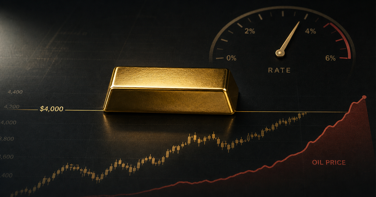 A gold bar balanced on a $4,000 chart line with a rising oil-price curve and a subtle rate gauge in the background.