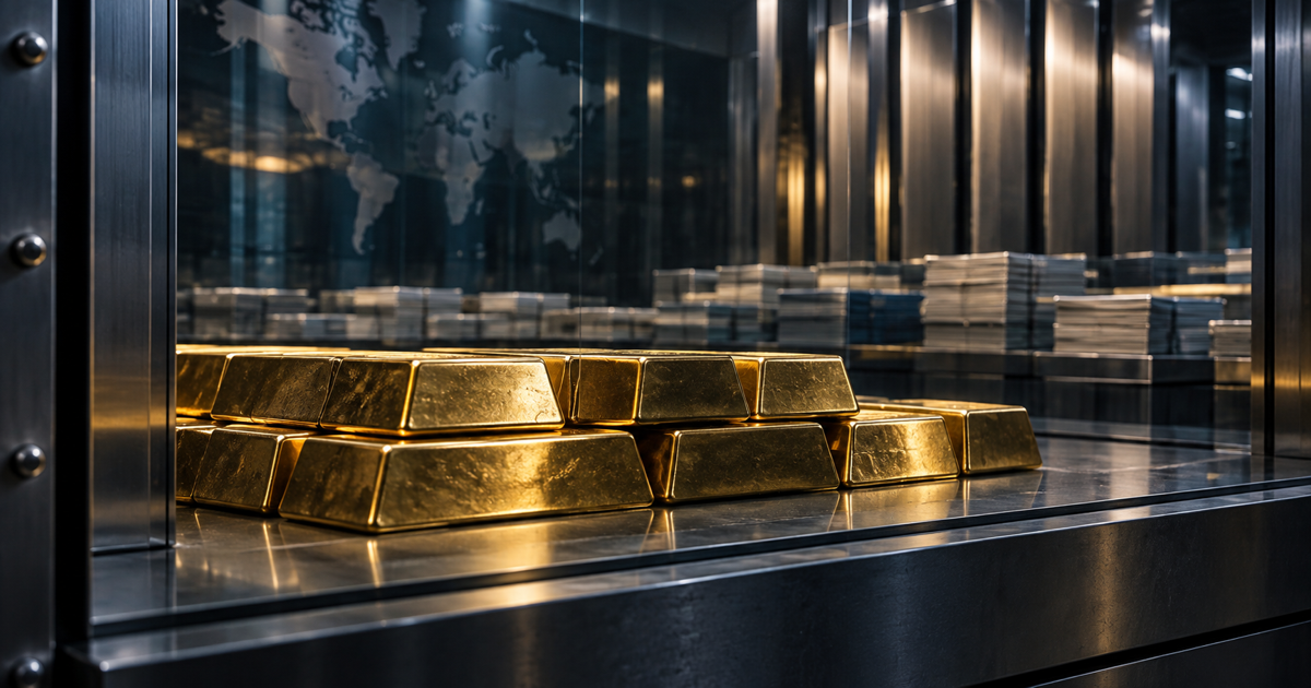 Institutional gold bars remain sharply anchored behind central-bank vault glass while sovereign bond papers recede beneath cool blue light.