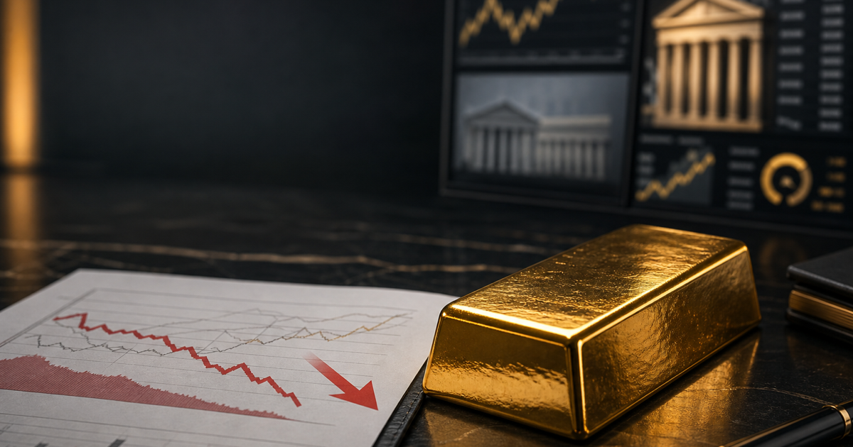 A gold bar beside a downward chart, with central-bank market screens blurred in the background.