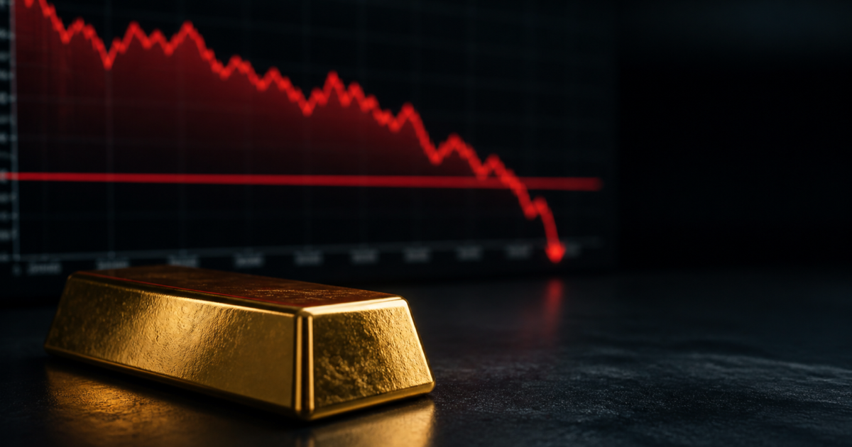 A gold bar on a dark trading desk beneath a red market chart breaking sharply below support.