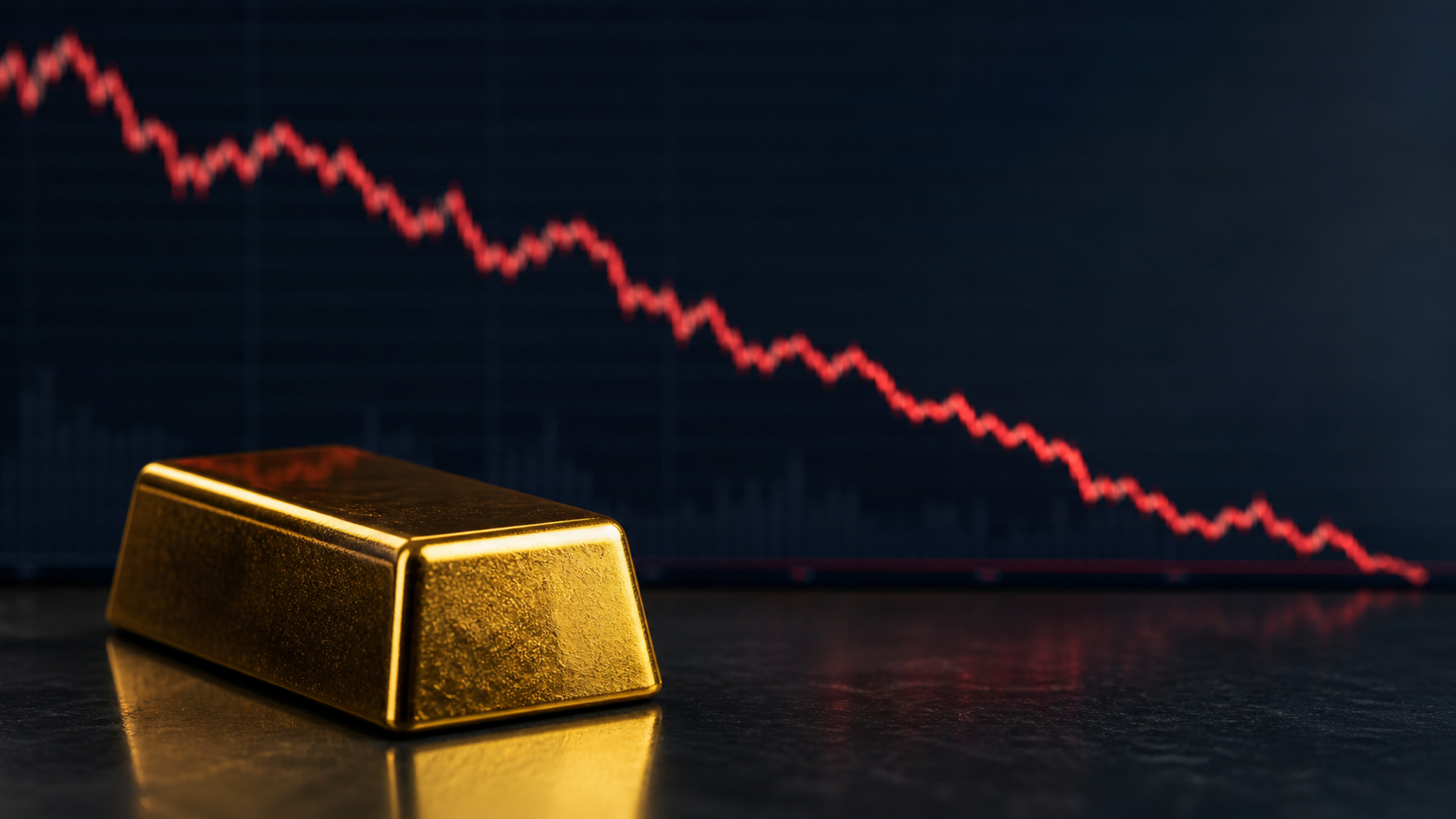 A gold bar on a dark trading desk in front of a steeply falling red market chart.