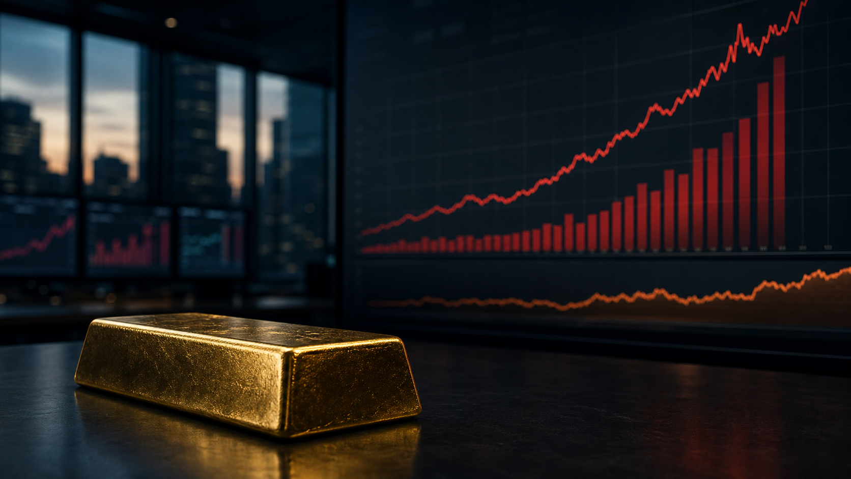 A gold bar on a dark trading desk beneath a sharply rising red interest-rate chart.