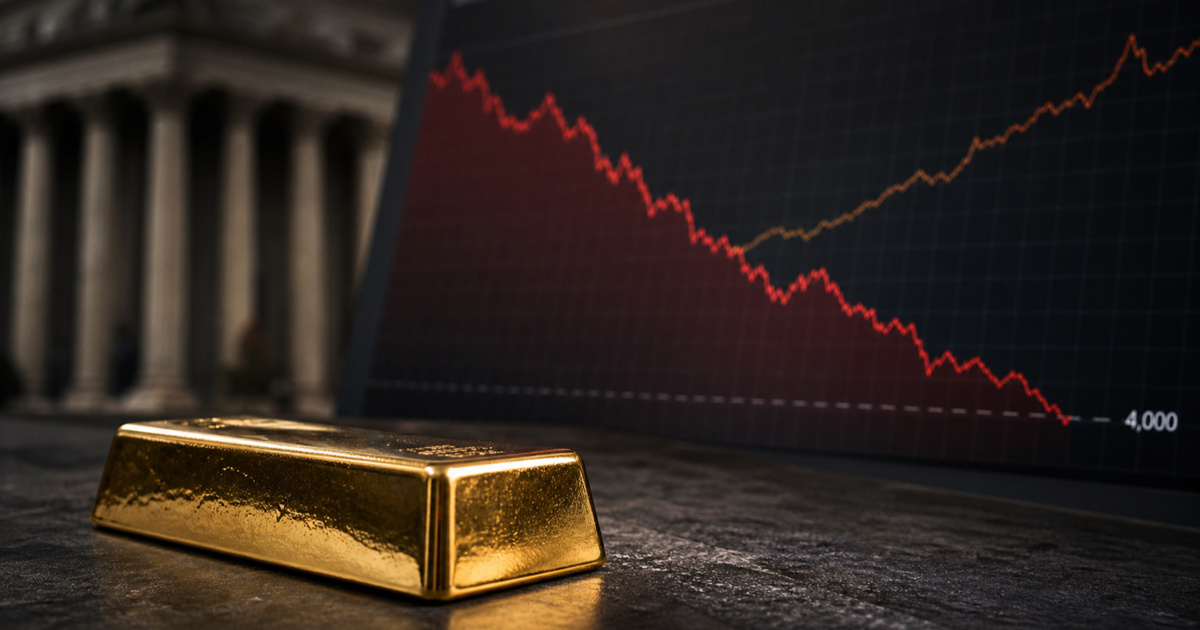 A gold bar on a dark trading desk as a red market line falls and an inflation line rises in the background.