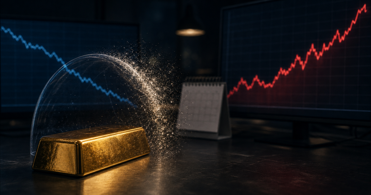 A gold bar beneath a dissolving protective shield, with a falling blue market line and rising red inflation-rate chart in the background.