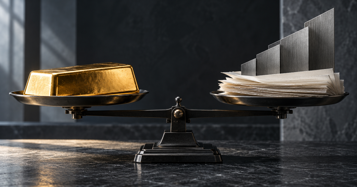 A polished gold bar and layered Treasury papers sit on opposite pans of a dark precision balance beneath rising brushed-steel forms.