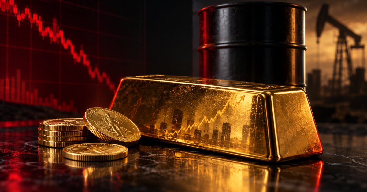 A polished gold bar and coins under red market light beside a falling chart, a dark oil barrel and distant energy infrastructure.