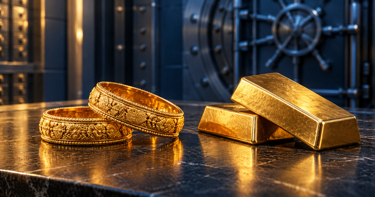 Traditional Indian gold bangles beside two wholesale bullion bars, illuminated by warm light against a cool institutional vault backdrop.