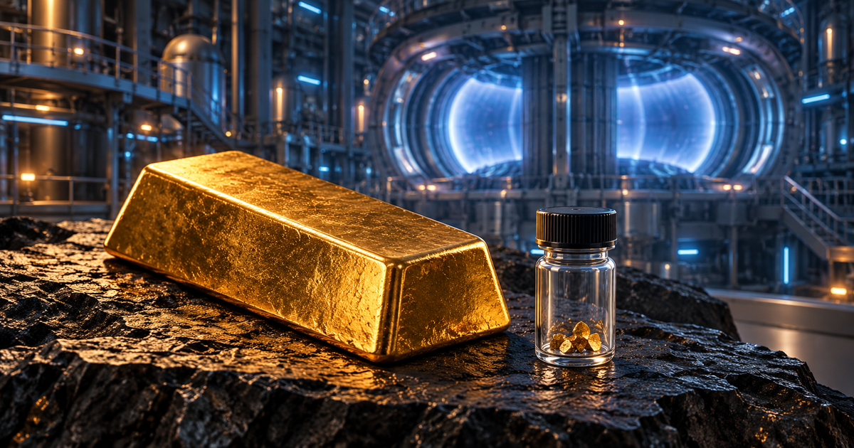 Editorial illustration—not Marathon's actual experiment—of an unbranded gold bar beside a closed sample vial, with a conceptual fusion chamber in the background.
