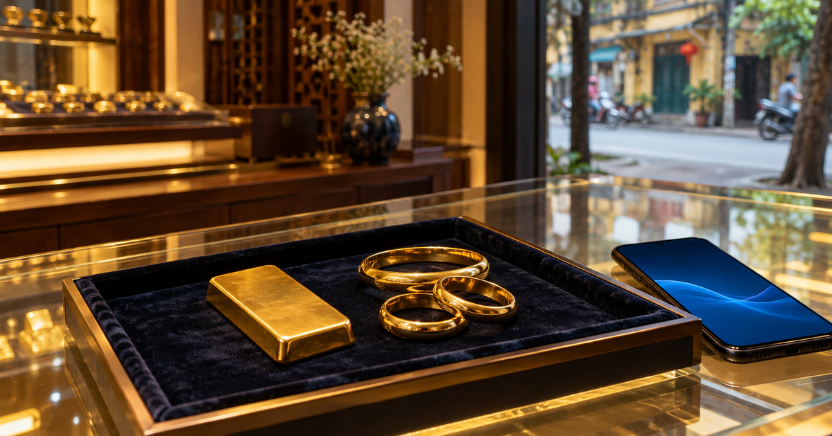 A Vietnamese jewellery-shop counter with an unbranded bullion bar, simple gold rings and a discreet smartphone payment motif against warm wood fittings.