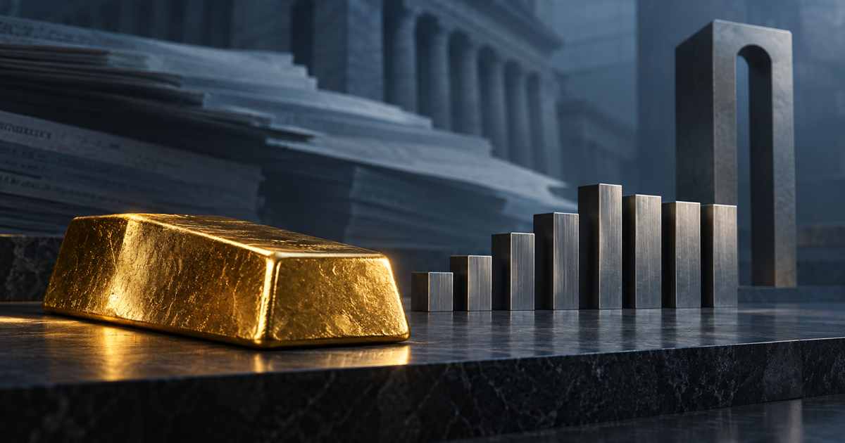 A polished gold bar sits beside brushed-steel employment columns that rise and then flatten beneath a tall dark yield hurdle.